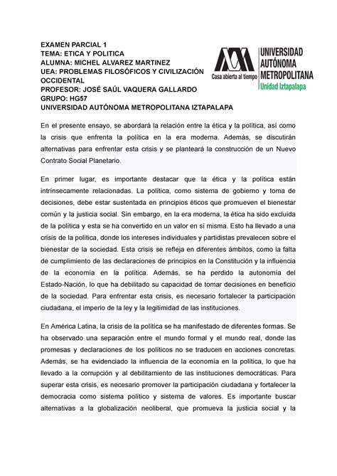 Examen Parcial De Repaso Examen Parcial Tema Etica Y Politica