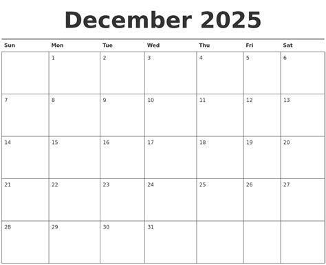 December 2025 calendar printable