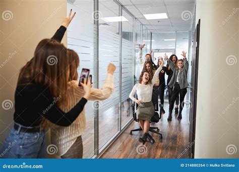 Cheerful Female Colleagues Having Fun In Office Stock Photo Image Of