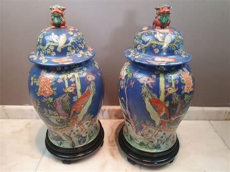 Vases 2 Porcelain Blue Fond Famille Rose With Birds Catawiki