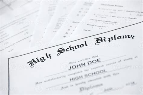 High School Diploma copy lies on many pages of alghebra and geometry tests and tasks. Graduation