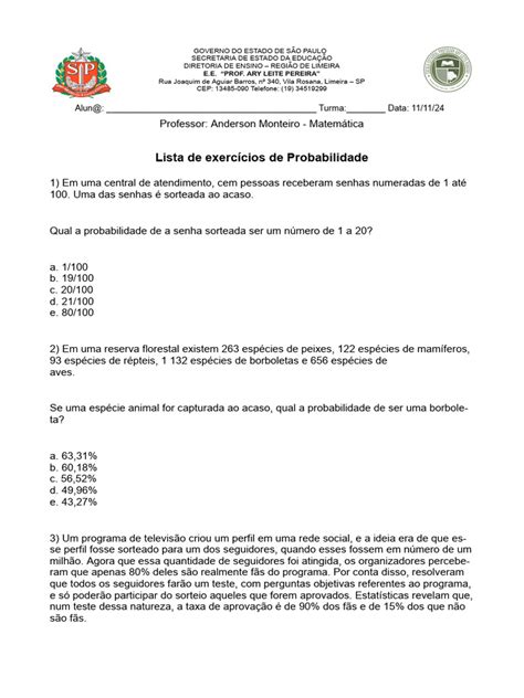 Lista De Exercicios De Probabilidade Com Gabarito Pdf