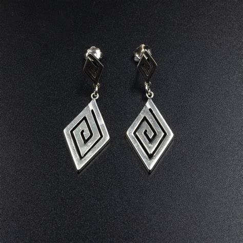 Greek Sterling Silver Long Drop Earrings Greek Key Earrings Greek