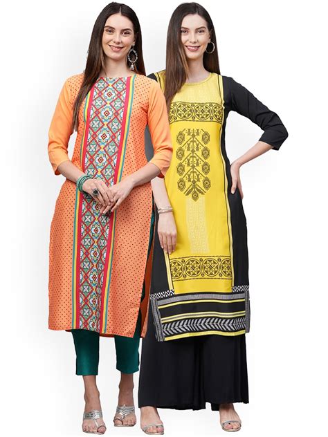 Buy Kalini Women Pack Of 2 Orange And Yellow Ethnic Motifs Printed Crepe Kurtas Kurtas For Women