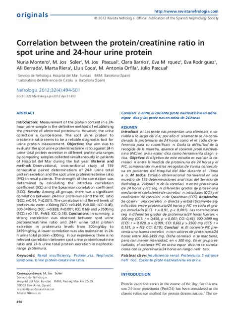 Pdf Correlation Between The Proteincreatinine Ratio In Spot Urine And 24 Hour Urine Protein