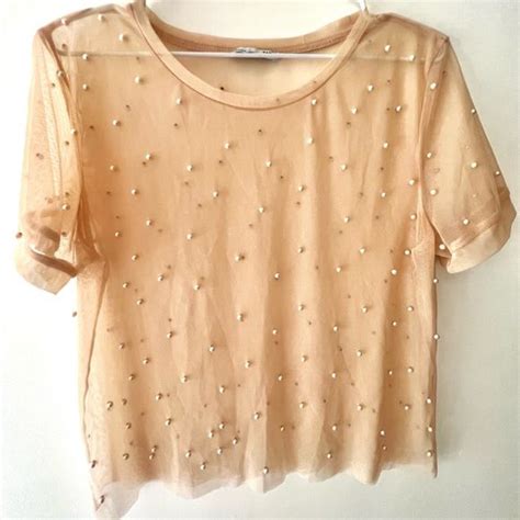 Elegant Pearl Embellished Nude Mesh Top