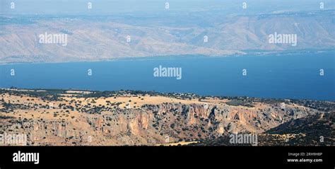 A view of the Sea of Galilee from the Upper Galilee mountains in Israel ...