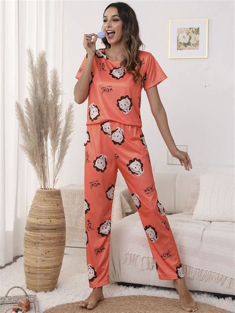 Conjunto De Pijama Con Estampado De Slogan Y Dibujos Animados Con