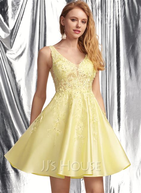 A Line V Neck Short Mini Satin Homecoming Dress With Beading Sequins