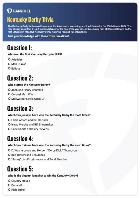 Kentucky Derby 150 Printable Trivia Sheet Fun Facts About Kentucky