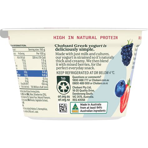 Chobani No Sugar Added Greek Yogurt Mixed Berry 150g Woolworths