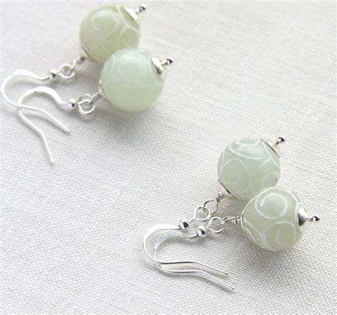 Light Green Jade Earrings Carved Stone Sterling Silver | Etsy