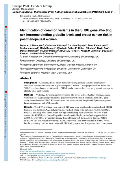 PDF Identification Of Common Variants On The SHBG Gene Affecting Sex Hormone Binding Globulin