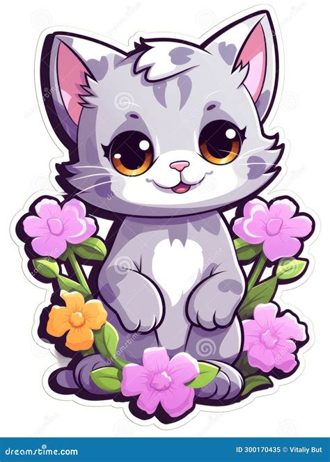 Cartoon Sticker Cute Kitten With Flowers Ai Stock Image Image Of