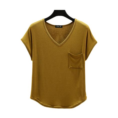 Modal V Neck Pocket Short Sleeved T Shirt Womens Summer Thin Loose Top