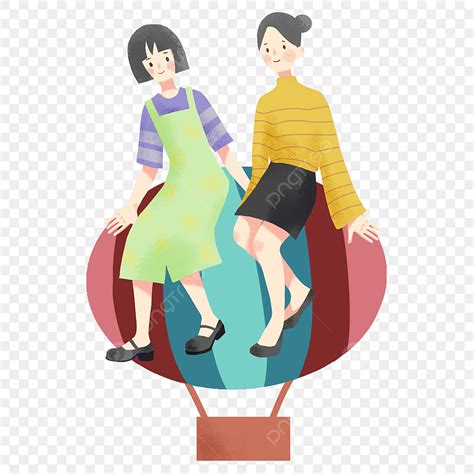 Hot Air Balloons Clipart Hd PNG Cartoon Hand Drawn Girl And Girlfriends Having Fun Riding Hot