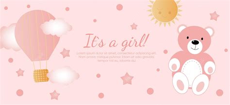 Premium Vector | Baby shower horizontal banner with pink bear clouds stars sun and balloon on ...