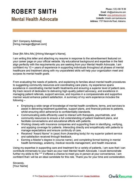 Mental Health Advocate Cover Letter Examples Qwikresume