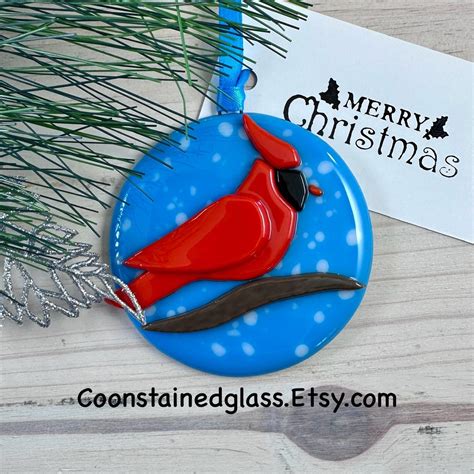 Fused Glass Cardinal Ornament Christmas Tree Decoration Glass