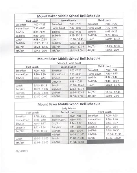 Middle School Bell Schedule 20212022 Mount Baker Middle