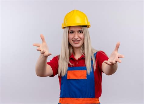 Souriante Jeune Fille Blonde Ing Nieur Constructeur En Uniforme Dans Un Appareil Dentaire