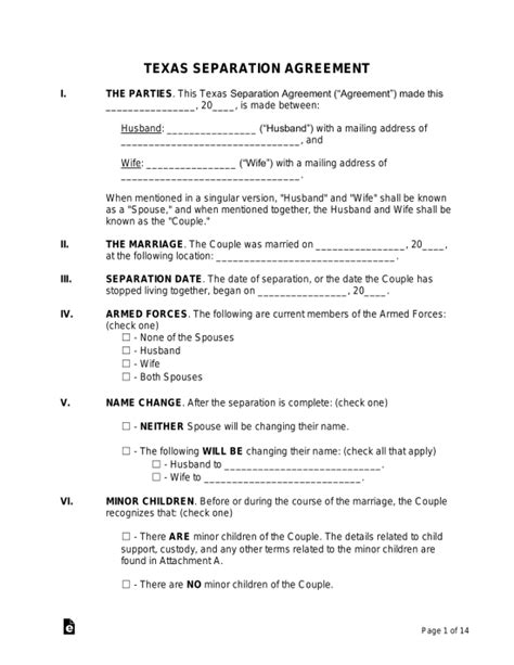 Free Texas Separation Agreement Template Pdf Word Eforms