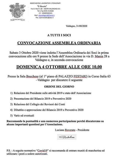 CONVOCAZIONE ASSEMBLEA ORDINARIA Domenica 4 Ottobre 2020 ALP Valdagno