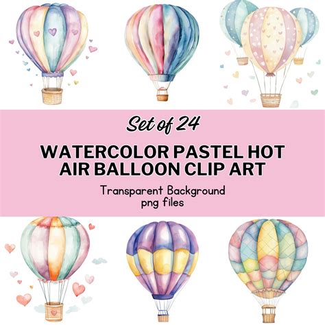 Watercolor Pastel Hot Air Balloon Clip Art PNG Files Etsy