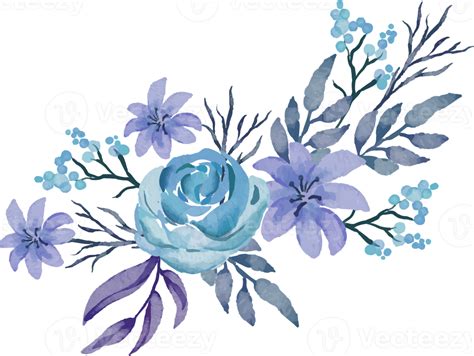 hermoso arreglo de flores moradas y azules y hojas ilustración acuarela