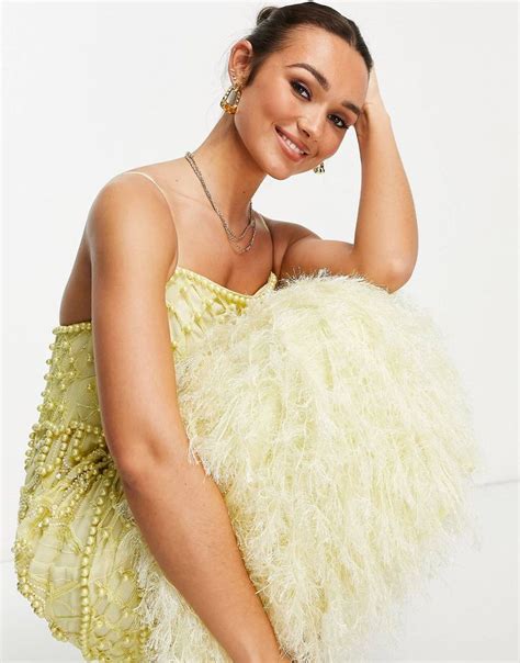 Asos Edition Pearl Embellished Cami Midi Dress With Faux Feather Dress In Lemon Asos