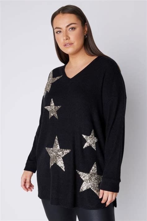 Evans Plus Size Black Sequin Star Soft Touch Jumper Evans