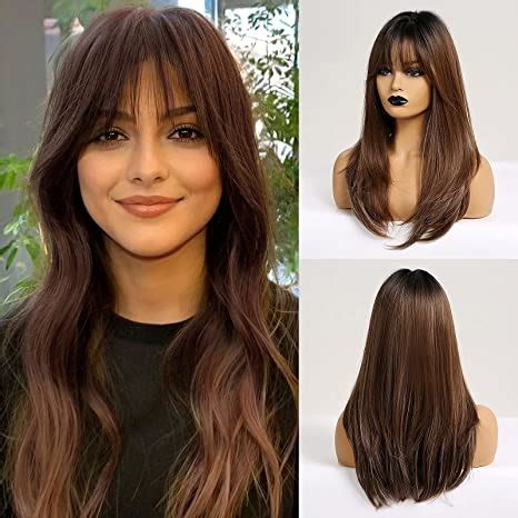 HAIRCUBE Long Brown Wigs For Women Synthetic Wigs With Fringe Heat