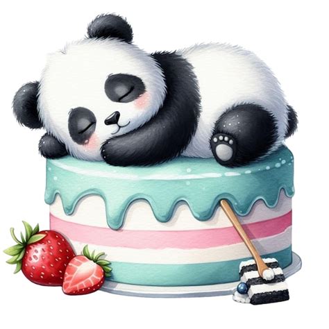 Panda Sleeping On Cake Clipart Watercolor Premium Ai Generated Vector