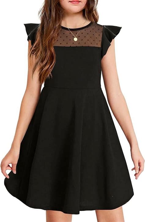 Oudiya Girls Summer Black Dress Ruffle Sleeve Mesh A Line Casual Party