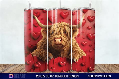 3D Highland Cow Valentine Tumbler Wrap 2 Graphic By DelArtCreation