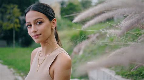 Dreamy Girl Posing Camera At Garden Portrait Romantic Brunette Woman