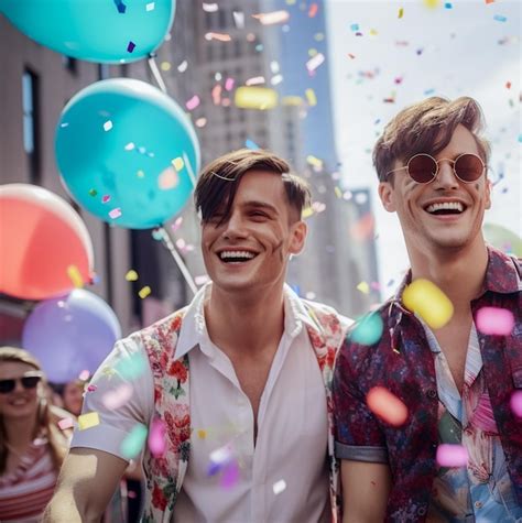 Feliz pareja gay celebrando en el desfile del orgullo lgbtq en nueva york ee uu celebración