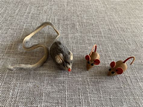 Vintage Original Fur Toys West Germany Tiny Mouse 2 Wooden Mini Mouse