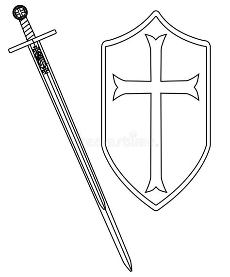 Crusaders Sword And Shield Outline Drawing On White Stock Vector