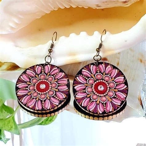 Mandala Earrings Hand Painted On Wood 4cm Diameter Antique Etsy