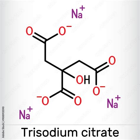 Sodium citrate, trisodium citrate molecule. Food additive, anticoagulant. Skeletal chemical ...