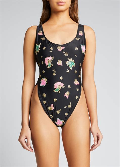 Oceanus Delilah Floral Beaded One Piece Swimsuit In Black Lyst