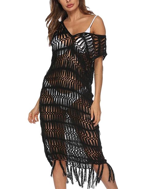 Summer Women Hollow Out Lace Crochet Dress Sexy V Neck Tassel Beach Dress Cover Up Tank Dress