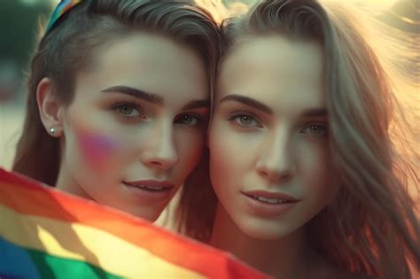 Premium AI Image Portrait Of Happy Lesbian Couple Smiling Holding Rainbow Flags On Pride Event