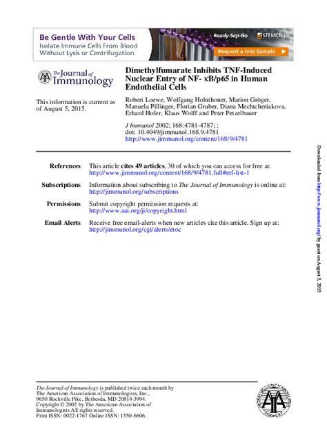 Pdf Dimethylfumarate Inhibits Tnf Induced Nuclear Entry Of Nf B P65