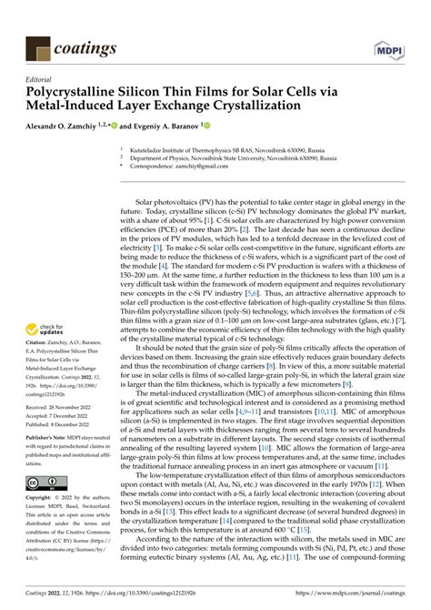 (PDF) Polycrystalline Silicon Thin Films for Solar Cells via Metal ...
