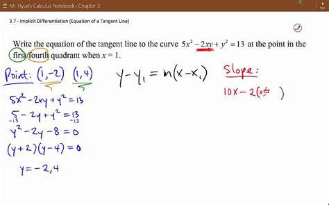 3 6 Implicit Differentiation Equation Of A Tangent Line Youtube