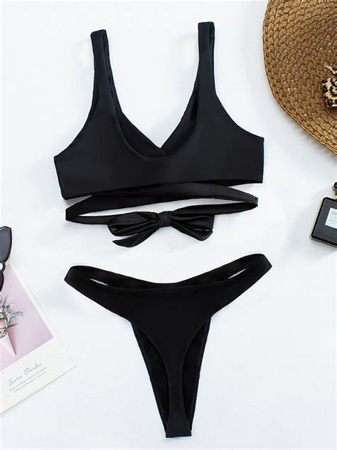 Emmiol Kostenloser Versand 2025 Cabrio Bikini Set mit überkreuzten Trägern Schwarz L von Bikinis