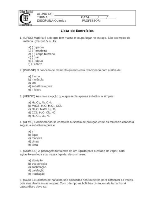 DOC 1 Lista De Exercicios Quimica 1 Unidade DOKUMEN TIPS