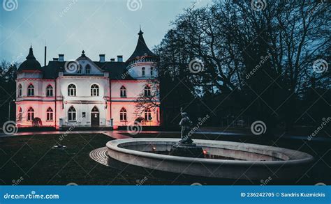 The White Castle Music School And Fountain In Baldone Latvia The